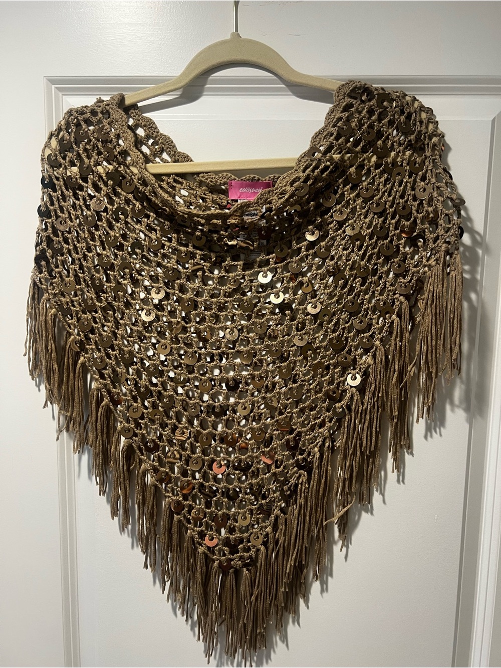Edikted Sequin Crochet Fringe Shawl - Brown